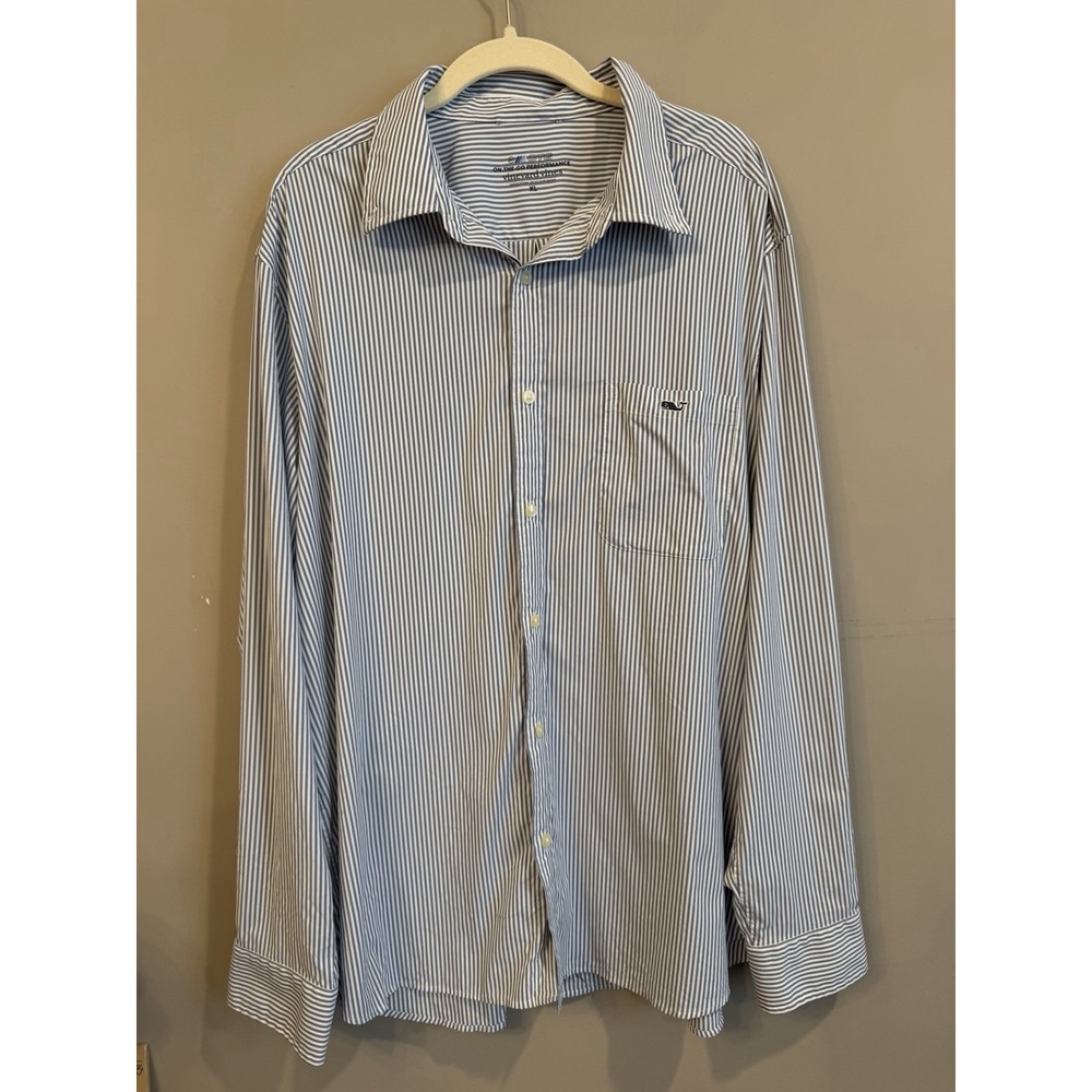 Vineyard Vines Mens XL OTG Performance Stripe Button Down Shirt Blue White